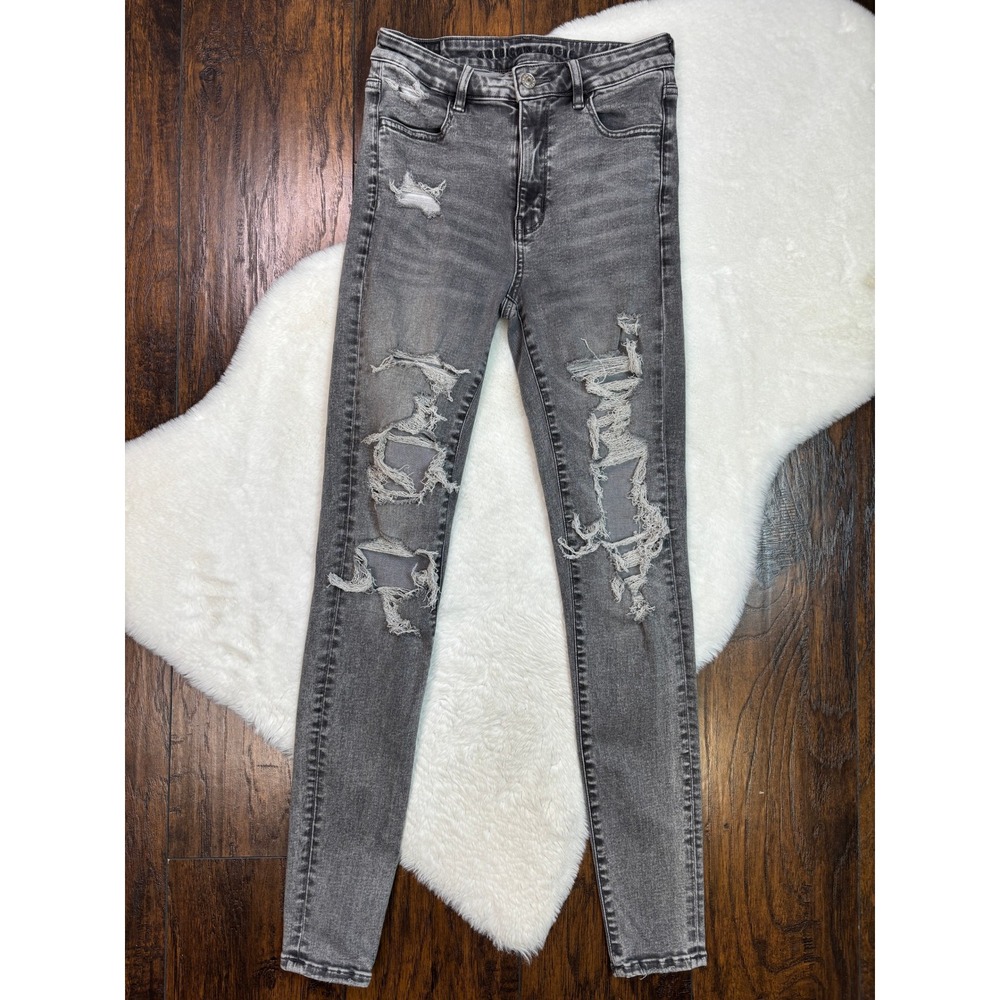 American Eagle Super Hi-Rise Jegging 6 Long Gray Distressed Skinny Jeans  Womens